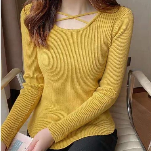 【ZHELIHANGFEI】Áo Dệt Kim Tay Dài Thiết Kế Đan Chéo Ngực Quyến Rũ