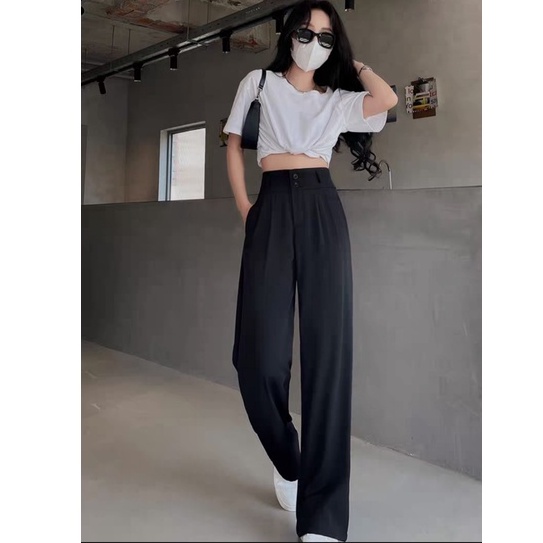 Quần tây đen ống rộng suông dài đi học Hàn Quốc phong cách Ulzzang Quần culottes ống rộng nữ chất vải mềm cạp cao 2 khuy