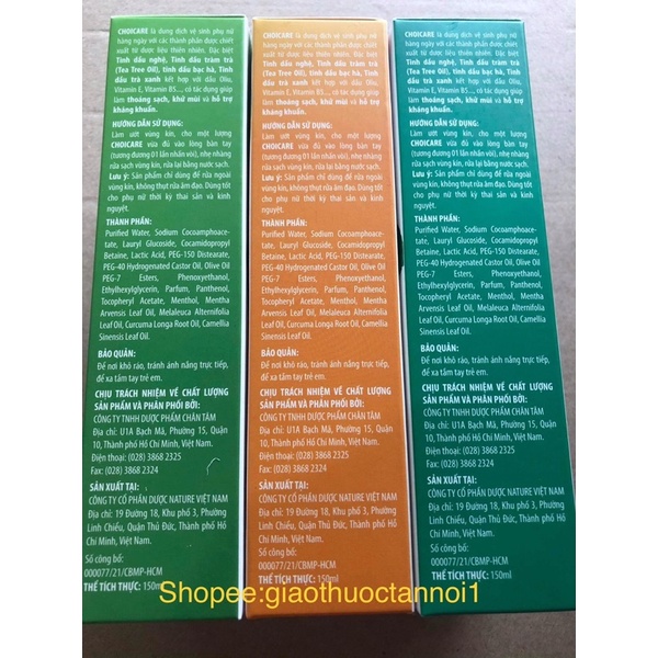 Dung dịch vệ sinh phụ nữ với tinh dầu nghệ và tràm trà choicare ngừa nấm, kháng khuẩn, khử mùi