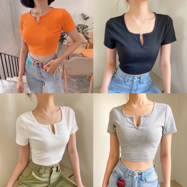 [Mã FASHIONT4WA2 giảm 10K đơn 50K] Áo croptop / Áo croptop nữ ulzzang xẻ cổ len tăm thấm hút mồ hôi AT19