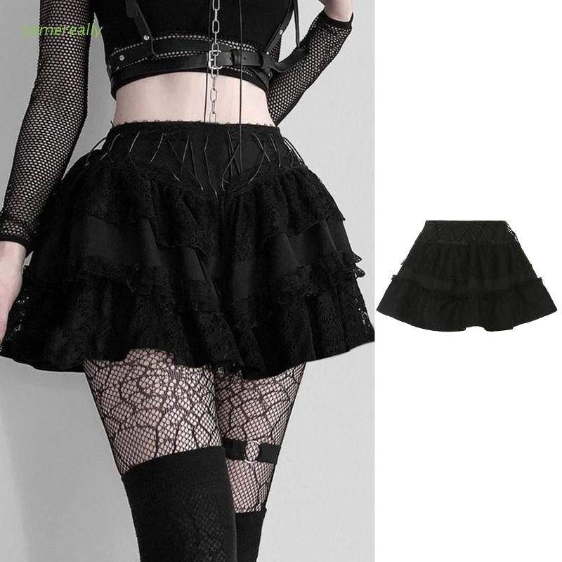 Chân Váy Chữ A Lưng Cao Phối Ren Màu Đen Phong Cách Gothic