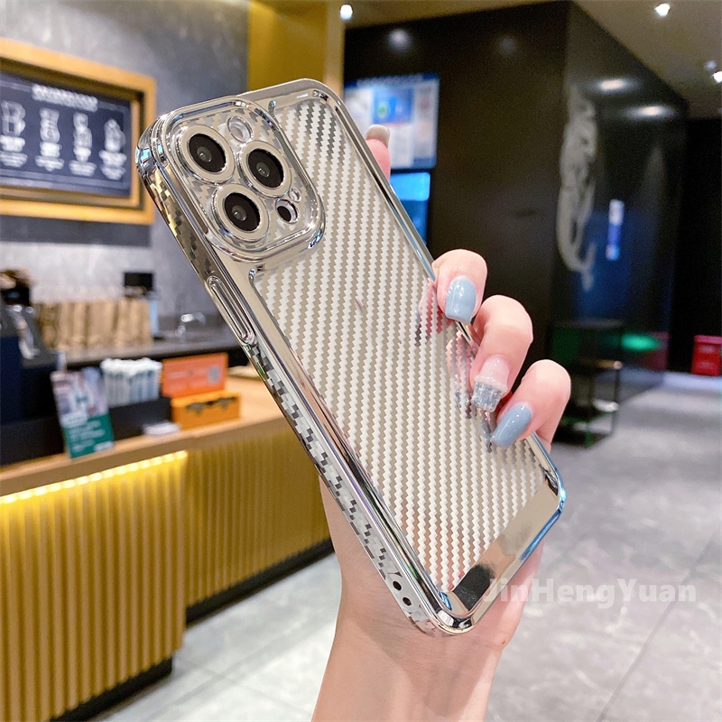 Ốp Điện Thoại Silicon Sợi Carbon Mạ Điện Trong Suốt Chống Sốc Cho IPhone 13 11 12 Pro Max XR X XS XSMAX 7 8 Plus