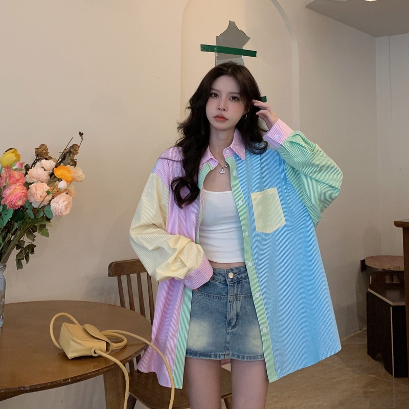 Áo sơ mi ZHELIHANGFEI thiết kế màu tương phản nổi bật thời trang dành cho nữ