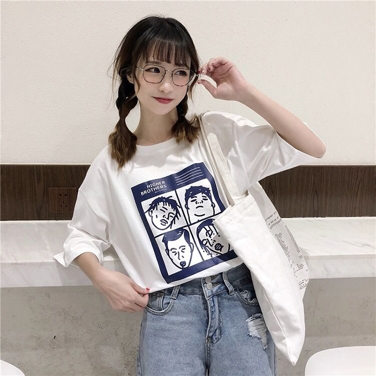 Summer Letters Cartoon Short-sleeved T-shirt Women's Loose Half-sleeved Blue Top