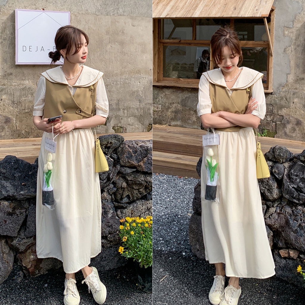 Set váy midi dáng dài phối gile cài cúc sườn đầm style Hàn Quốc chuzme
