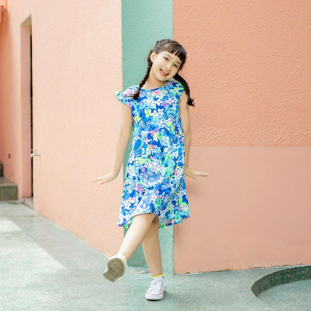 Váy bé gái tay cánh tiên in HOA NGŨ SẮC 100% cotton 4 chiều, 18-40 kg, A2