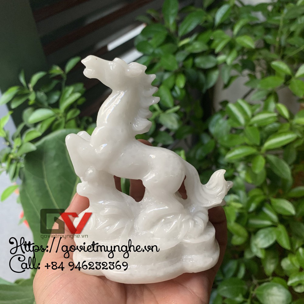 Tượng Đá Trang Trí Ngựa Phong Thủy -  Màu trắng đá non nước - Cao 12cm