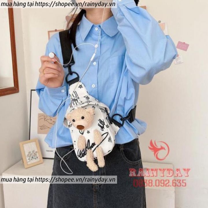 Túi đeo chéo nữ vải cavas hình con gấu bông nhỏ mini cute dễ thương thời trang đi chơi