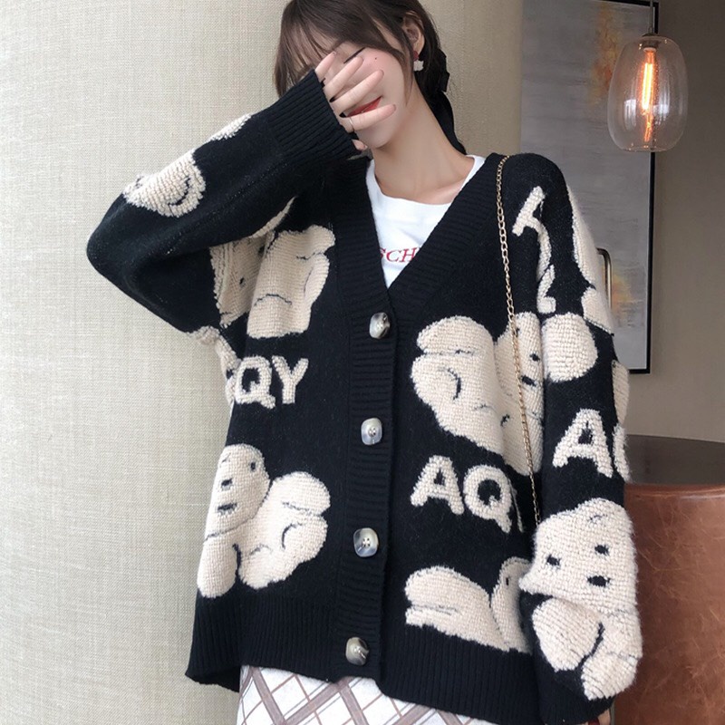 Áo Khoác Cardigan Họa Tiết Gấu Nâu, Áo Khoác Len Nữ Phong Cách Hàn Quốc A12
