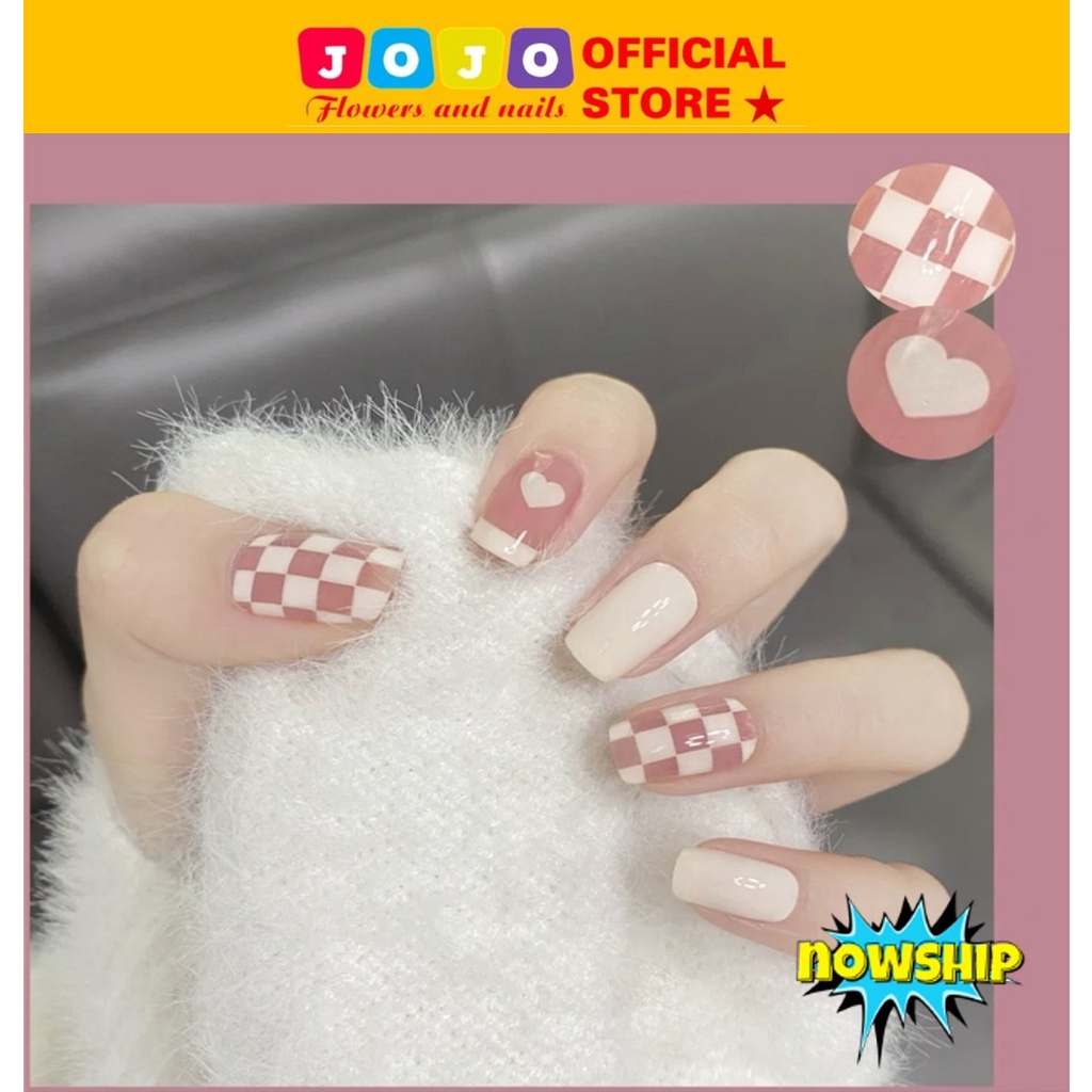 Set 24 móng tay giả kẻ caro hồng PD 159 thời trang, cá tính
