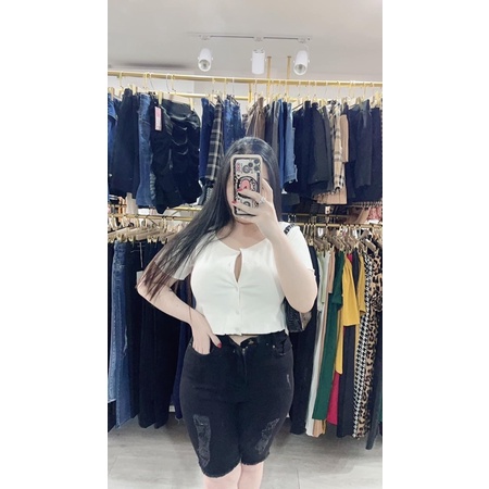 [60-95kg] Quần Jeans Lửng CO GIÃN ĐEN TUYỀN RÁCH -Quần Ngố BIG SIZE- LƯNG CAO - PHOM EO CAO TRÊN RỐN