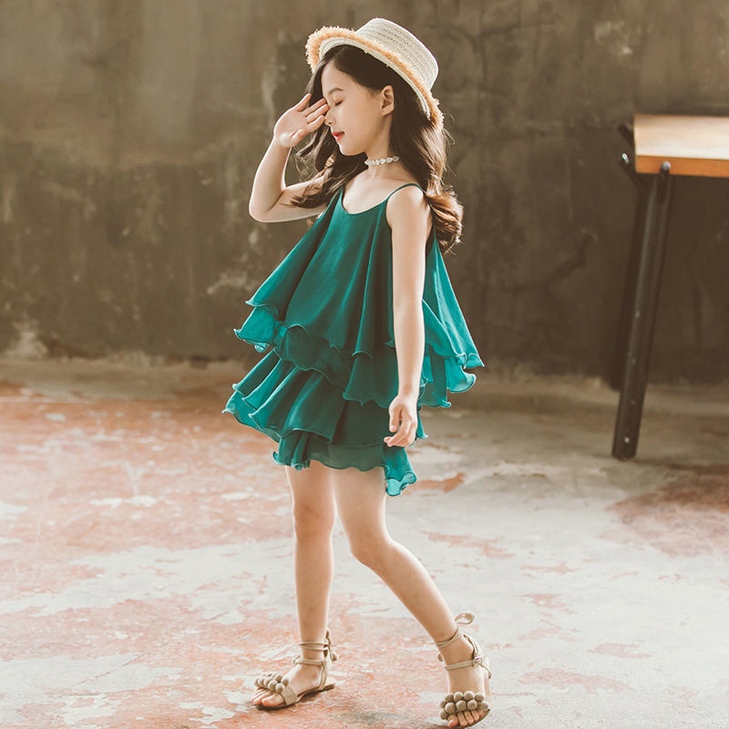 Bộ Đầm Hai Mảnh Hai Dây Công Chúa Vải Voan Dành Cho Bé Gái Từ 3-13 Tuổi
