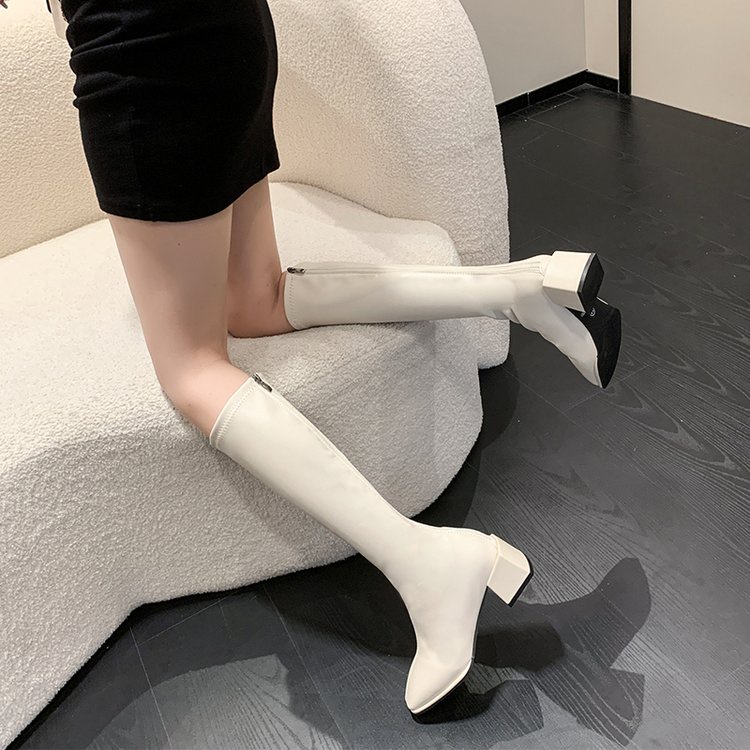 Giày Bốt Mũi Vuông Ống Dài Màu Trơn Phối Khóa Kéo Sau Lưng Thoải Mái Thời Trang