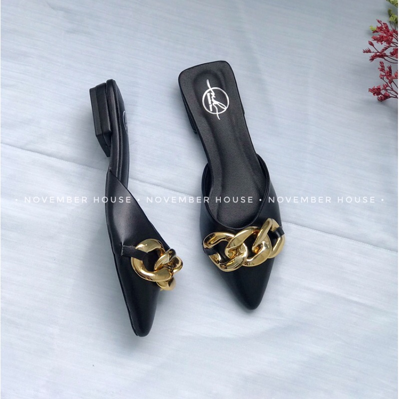 [Free Ship] Giày sục nữ gót thấp mũi nhọn 3 màu trang trí khóa xích basic shose_fashion13 TT24