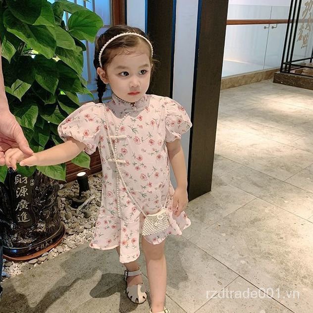 Đầm sườn xám phối vải voản mỏng đáng yêu phong cách Trung Hoa cổ điển thời trang mùa hè dành cho bé gái