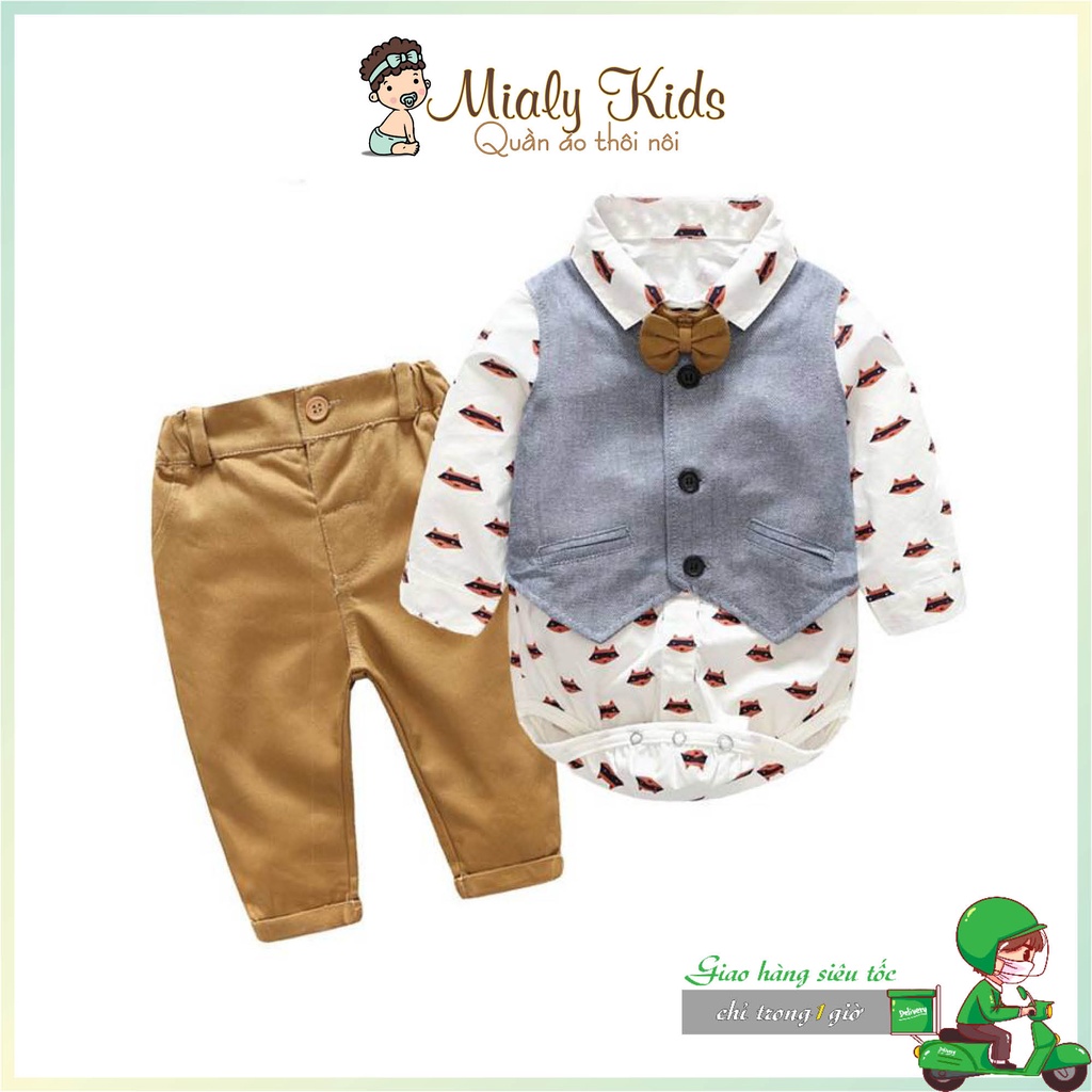 Set vest công tử Mialy Kids (4-15Kg) gile xám quần vàng cho bé trai đi tiệc, mặc thôi nôi, chụp hình - Vải mềm mại cho b