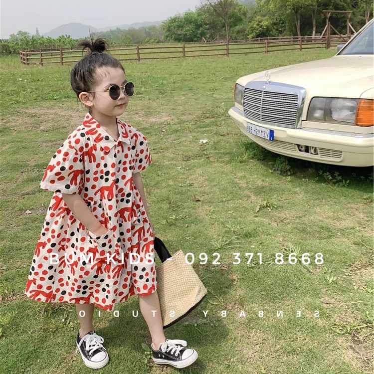 Váy họa tiết ngựa pony đỏ trắng cho bé gái từ 8-35kg cao cấp G18