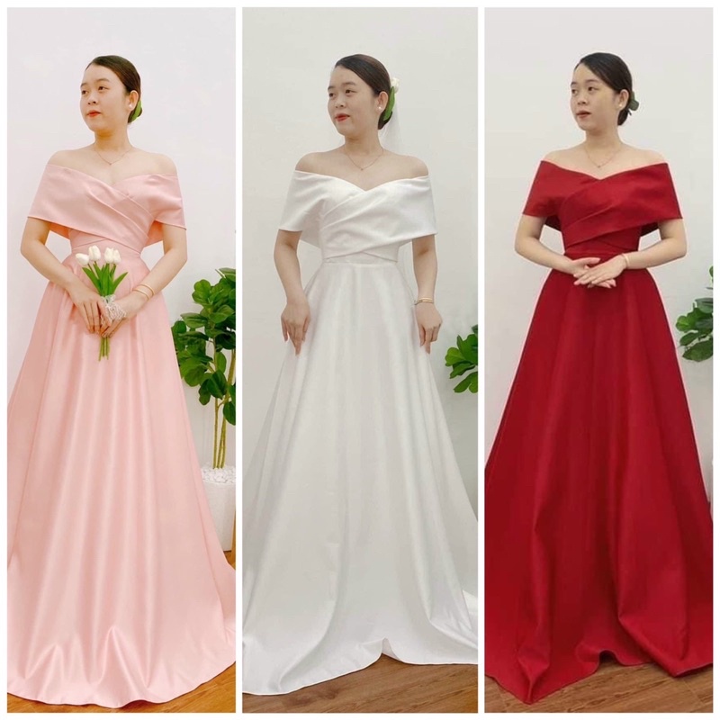 Váy cưới cô dâu dự tiệc đi bàn tiểu thư trễ vai Hansa