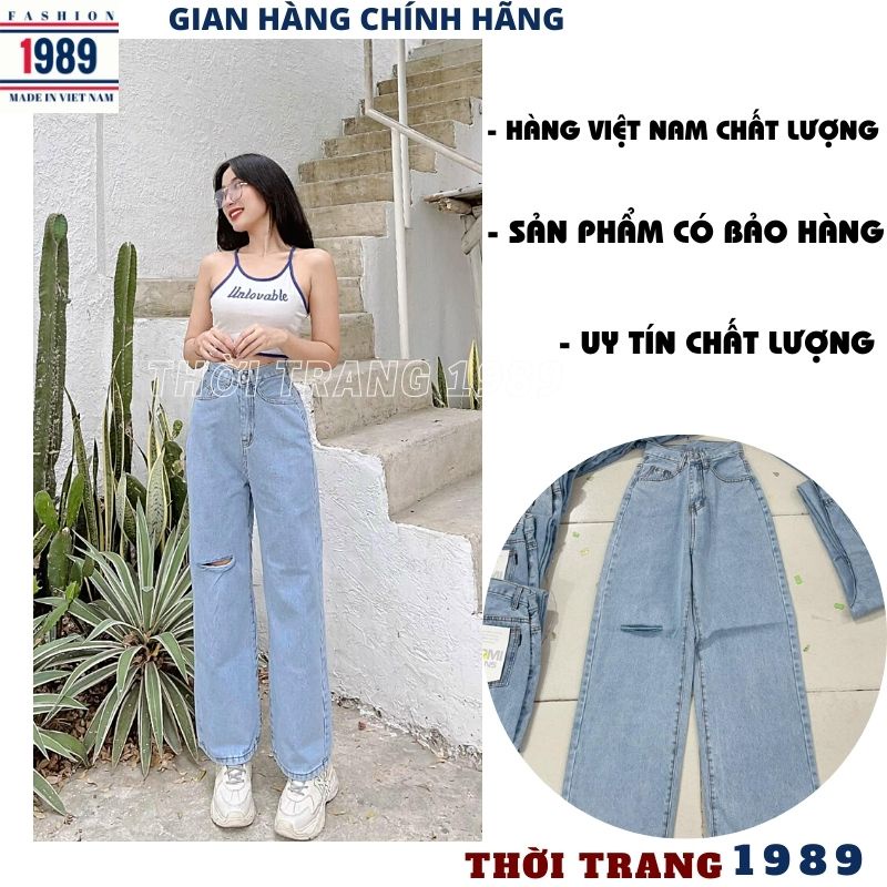 Quần bò ống rộng cạp cao dáng suông mầu xanh rách 1 bên gối kiểu dáng hàn quốc ulzzang -PHƯƠNG VŨ 1989