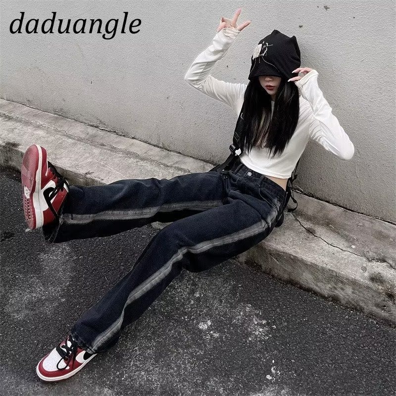 Quần jean Daduhey màu đen phối Gradient lưng cao ống rộng thời trang đường phố Mỹ cao cấp cho nữ