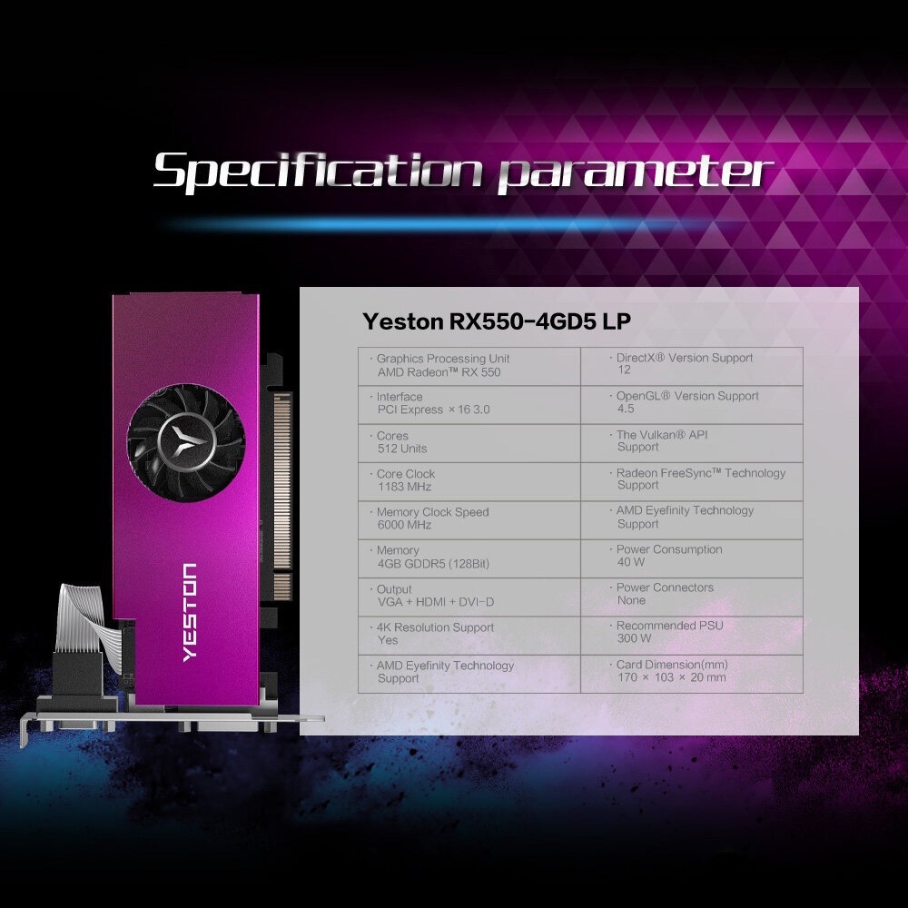 Card đồ hoạ RX550-4G Yeston Card Đồ Họa D5 LP Radeon Chill 4GB Bộ Nhớ GDDR5 128Bit 6000MHz VGA + HDMI + DVI-D GPU