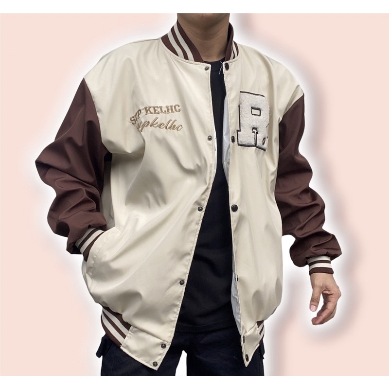 Khoác Bomber R thêu 2 màu đen và kem form rộng Unisex nam nữ