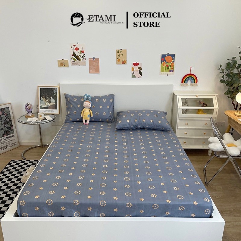 Bộ ga gối ETAMI drap giường cotton poly 5D, ga trải giường + 2 vỏ gối nằm màu hoa lv