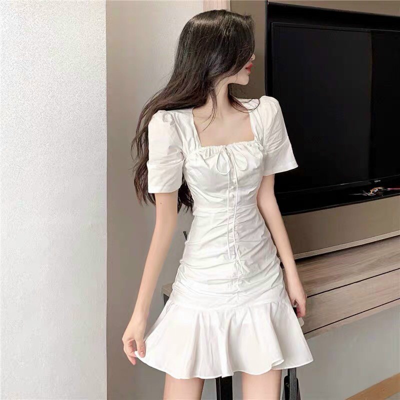 Váy đầm nữ dáng ôm cổ vuông cột nơ đuôi cá
