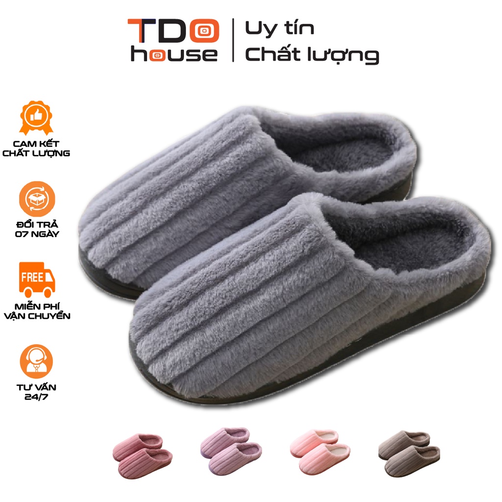 Dép Bông Đi Trong Nhà Mùa Đông, Dép Lông Unisex Đế Cao Su Bám Sàn Tốt, Mềm Dẻo Quai Lông Dày Sọc To Tdo