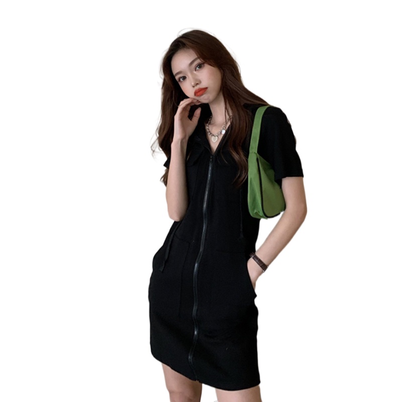 Đầm hoodie PERTY ôm vừa vặn tay ngắn có khóa kéo phong cách Hàn Quốc thời trang dành cho nữ