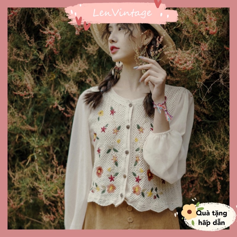 AR/Áo REN NGẮN DẠNG CROPTOP phong cách bohochic xinh xắn thêu hoa vintage dài tay vải voan công chúa sơ mi cúc gỗ