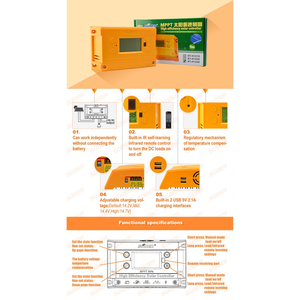 Bộ điều khiển sạc pin mặt trời MPPT 20A 12V-24V - Suoer ST-H1220