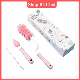 Bộ cọ rửa bình sữa silicon 3 chi tiết cao cấp, tay cầm xoay 360 độ, Cọ bình sữa cho bé