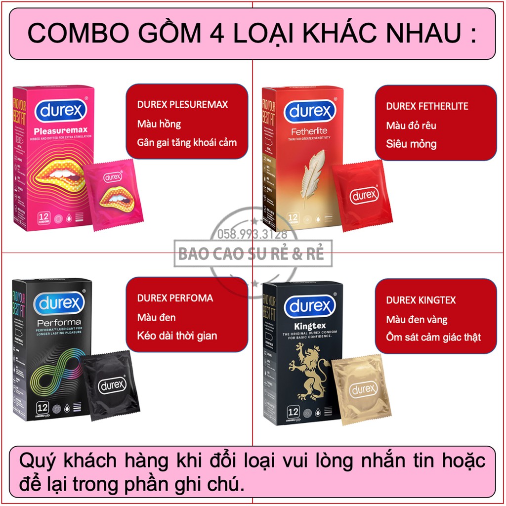 [FREE.SHIP] Combo 4 Hộp Bao Cao Su Durex 48 cái tùy chọn plesuremax performa fetherlite kingtex. Tặng kèm 3 cái.