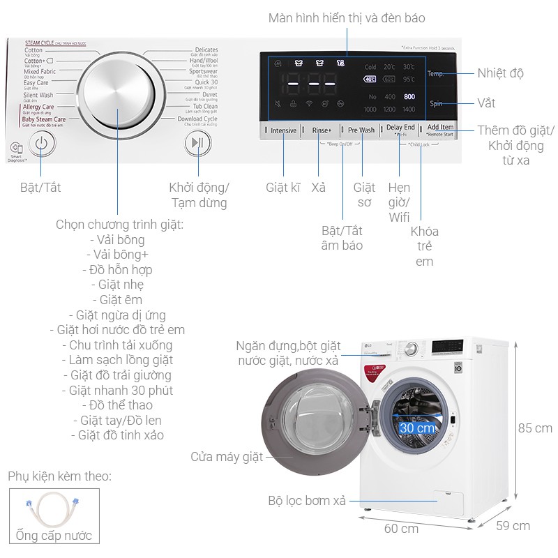 [Mã ELMALL1TR giảm 5% đơn 3TR] Máy giặt LG inverter 8.5KG FV1408S4W lồng ngang