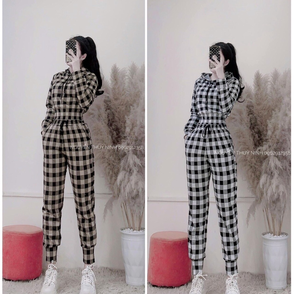 Sét bộ nữ sọc caro tay dài có nón kèm quần dài bo chân kiểu dáng thể thao năng động, phù hợp cho nàng đi chơi, dạo phố