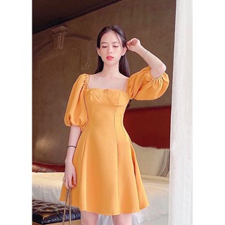 Đầm vàng cam tay lỡ phồng (kèm hình thật)