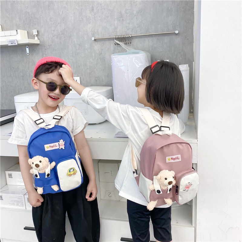 Balo cho bé đi học mầm non vải dù mềm, chống thấm nước kèm gấu size 24cm BALO-559