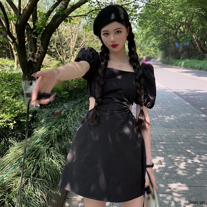 Đầm Mini Cổ Vuông Tay Phồng Màu Trơn Thời Trang Cho Nữ