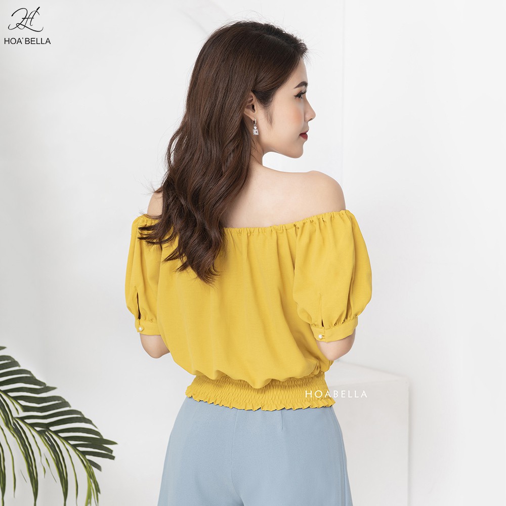 [Mã LT50 giảm 50k đơn 250k] Áo Kiểu Nữ HOABELLA Đính Hoa Dáng Croptop Chiết Eo Nữ Tính (MA87)