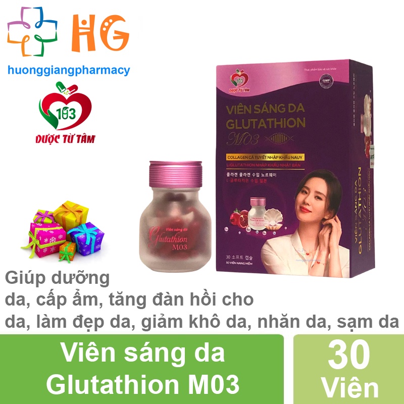 Viên uống sáng da Glutathion M03 hỗ trợ dưỡng da làm đẹp da giảm khô da nhăn da sạm da Hộp 30 viên