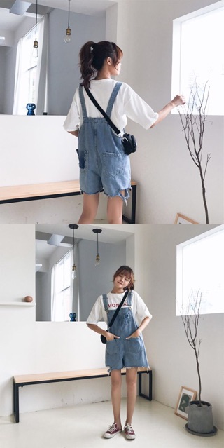 (Order-ảnh thật) có bigsize Quần yếm jeans lửng rách đùi phối 2 túi ullzang 2019 | BigBuy360 - bigbuy360.vn