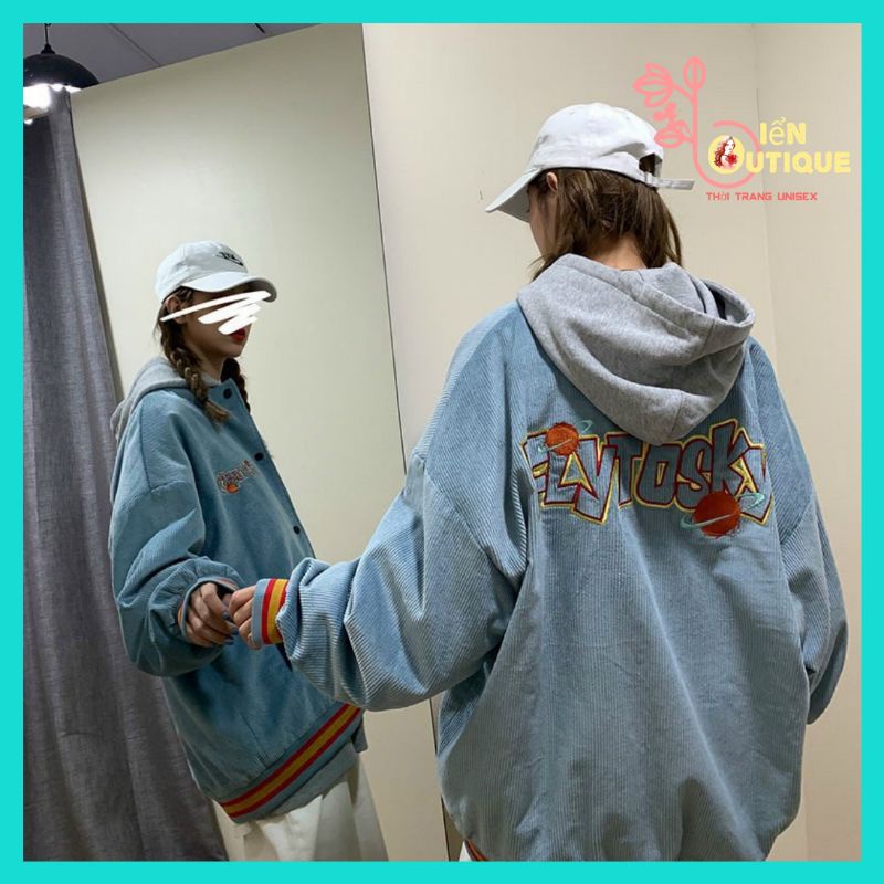 Áo Khoác Nhung Kiểu Bomber Có Nón Thêu Flytoshy Màu Xanh Freesize |Biển Boutique