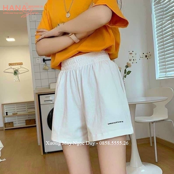 Quần đùi nữ mặc nhà ống rộng vừa cạp chun lưng thun vải đũi thêu chữ - Quần short nữ mặc nhà ngủ đi biển thể thao gym