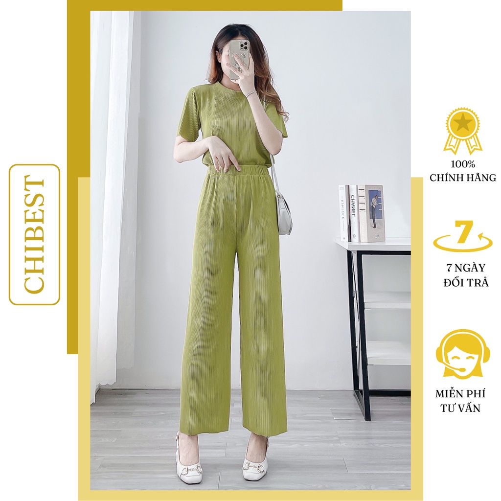 Set bộ thun tăm li mềm áo ngắn tay cổ tròn  mix quần suông cao ống rộng cấp siêu đẹp CHIBEST YSB61