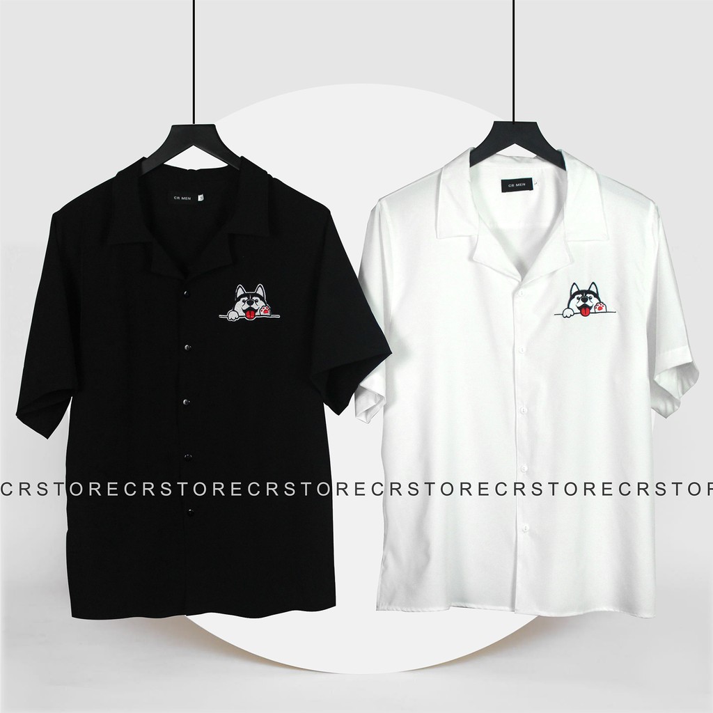 Áo sơ mi tay ngắn Cổ DANTON - VEST đen cún thè lưỡi  . Sơ mi tay lỡ unisex nam nữ trơn vải lụa mềm SMNT623 | BigBuy360 - bigbuy360.vn