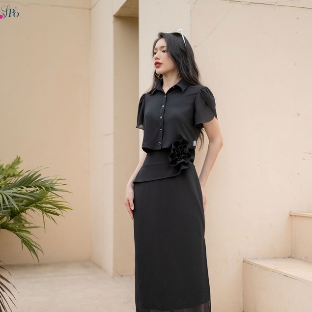 Juyp bút chì ôm, đính hoa 1 bên Emspo J1131