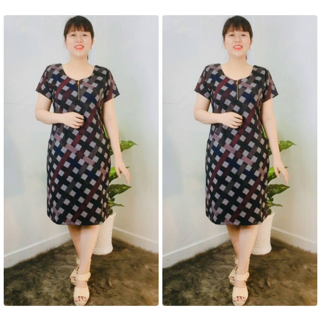 Đầm suông họa tiết cổ tròn dây kéo