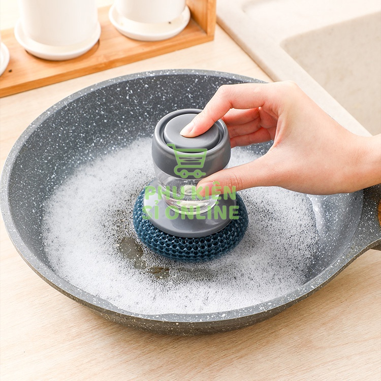 Cọ chà rửa xoong nồi/ chén bát/các vật dụng có cán tay cầm  NGẮN và bình chứa xà phòng tiện dụng