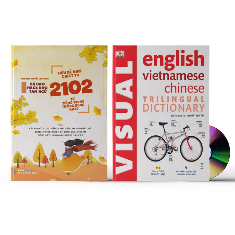 Sách - Combo: Siêu dễ nhớ chiết tự 2102 từ tiếng Trung + English Vietnamese Chinese Trilingual Dictionary + DVD